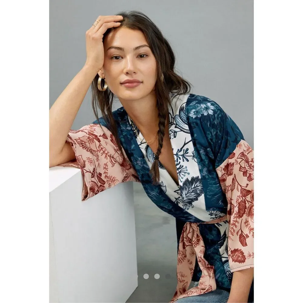 Anthropologie Tori Floral Cropped Belted Kimono Blue Multi One Size - Picture 3 of 13